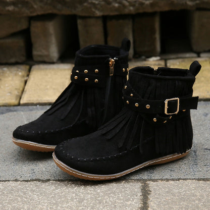Rosie | Boho Faux Suede Fringe Flat Ankle Black Boots