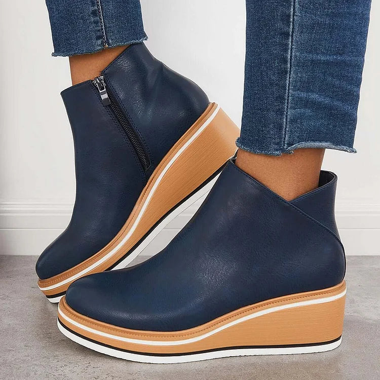 Kelly | Leather Wedge Platform Side Zip Ankle Boots
