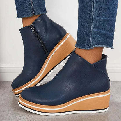 Kelly | Leather Wedge Platform Side Zip Ankle Boots