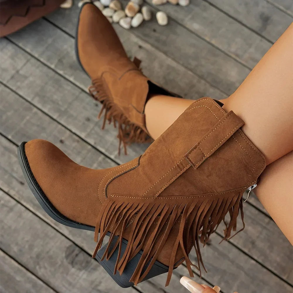 Delia | Wide Calf Suede Fringe Western Chelsea Boots