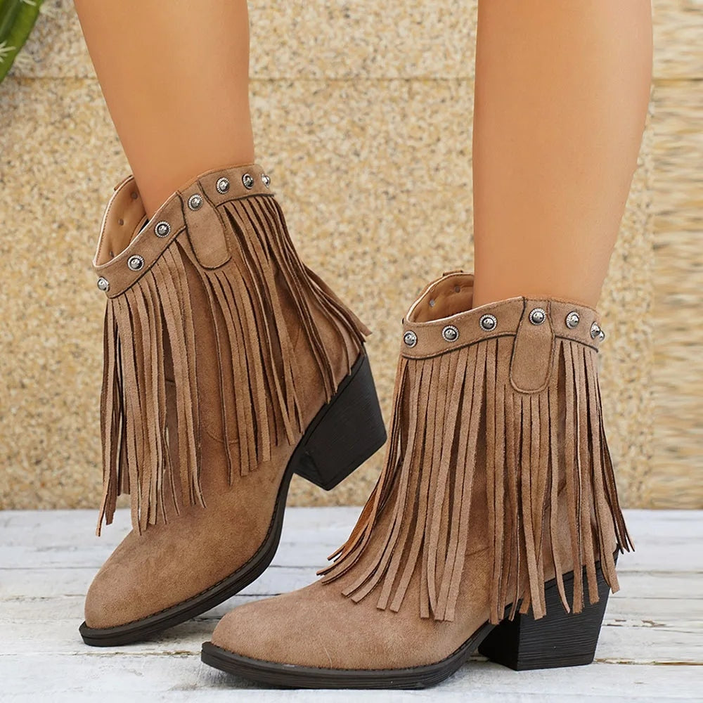 Delia | Wide Calf Suede Fringe Western Chelsea Boots