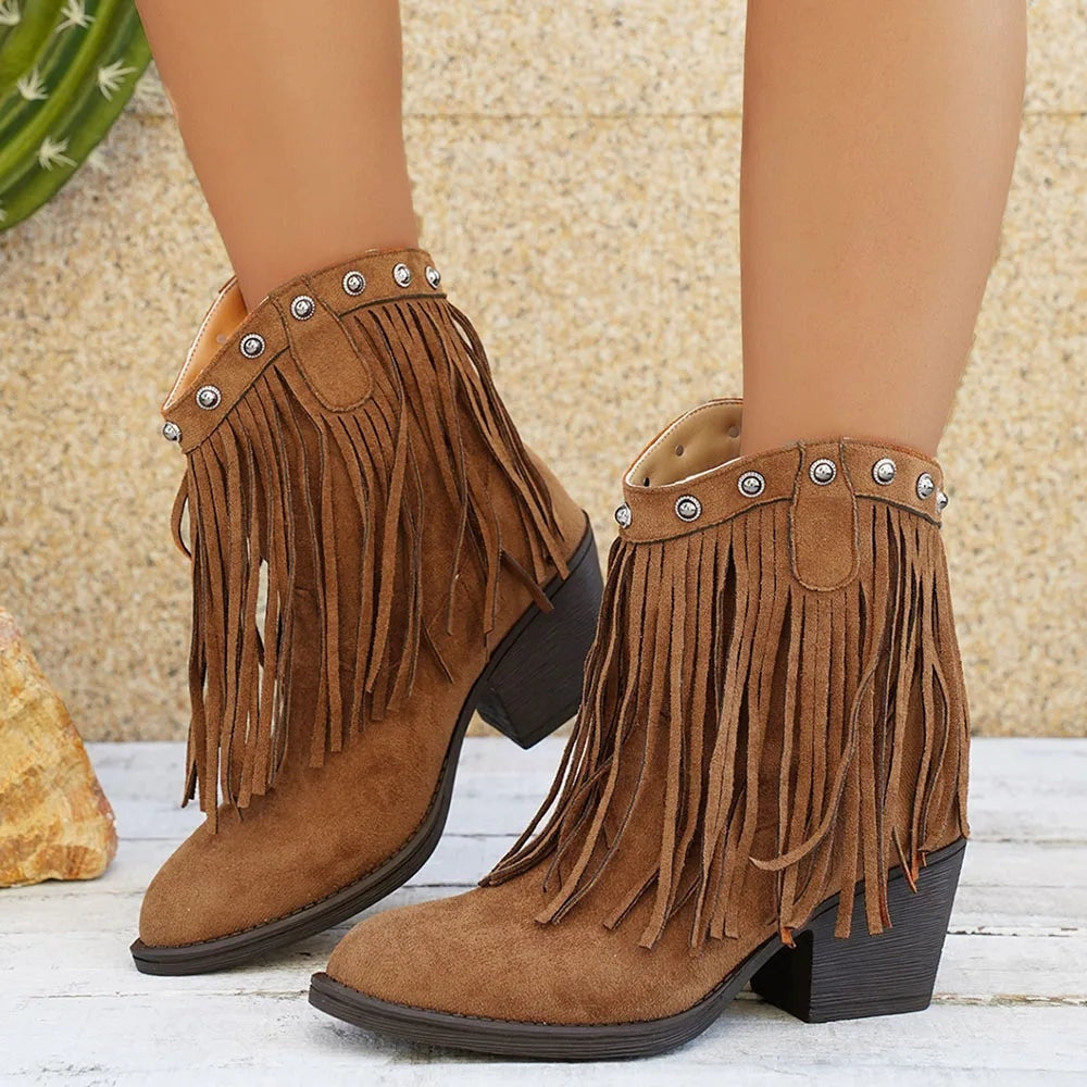 Delia | Wide Calf Suede Fringe Western Chelsea Boots