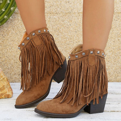 Delia | Wide Calf Suede Fringe Western Chelsea Boots