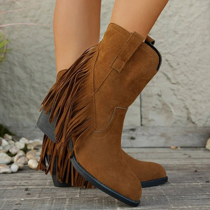 Delia | Wide Calf Suede Fringe Western Chelsea Boots