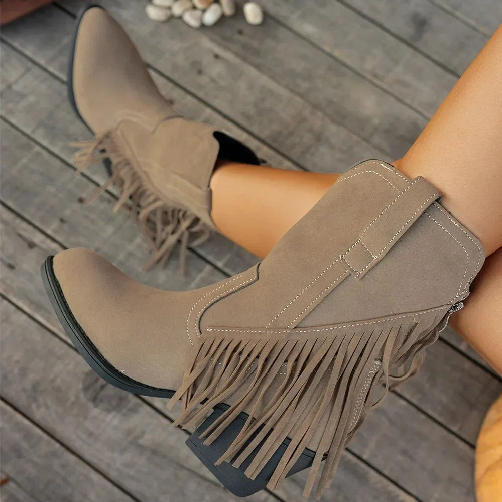 Delia | Wide Calf Suede Fringe Western Chelsea Boots