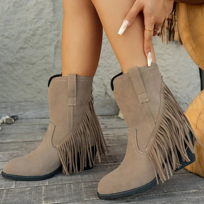 Delia | Wide Calf Suede Fringe Western Chelsea Boots