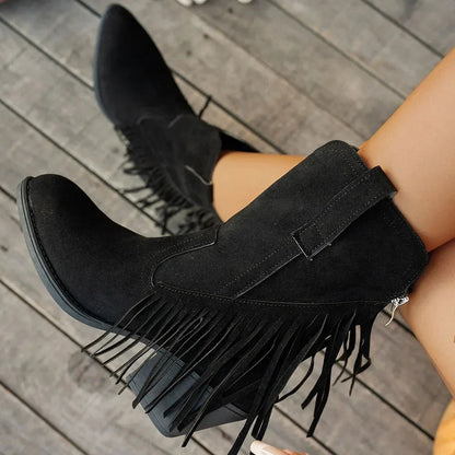 Delia | Wide Calf Suede Fringe Western Chelsea Boots