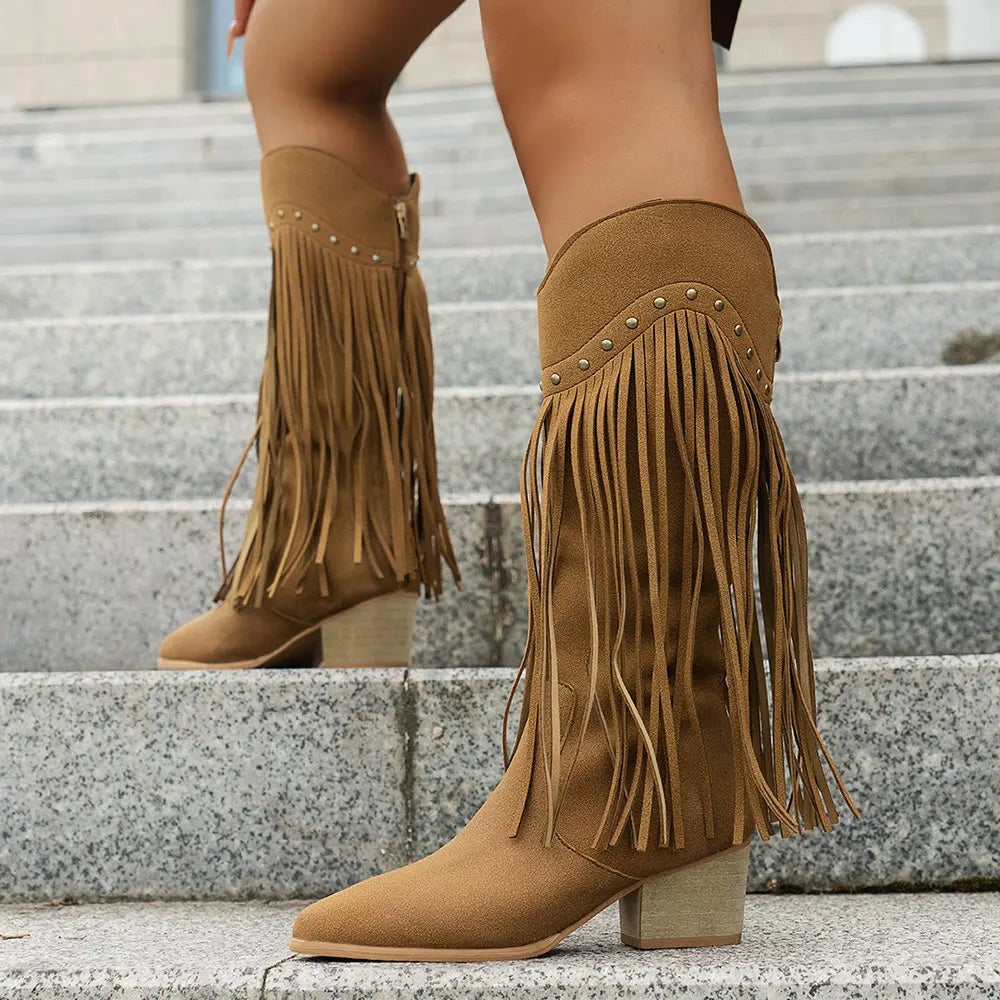 Delia | Wide Calf Suede Fringe Western Chelsea Boots