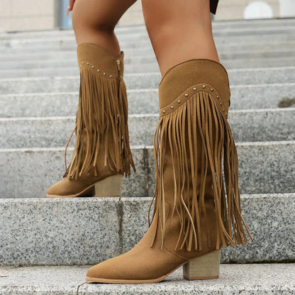 Delia | Wide Calf Suede Fringe Western Chelsea Boots