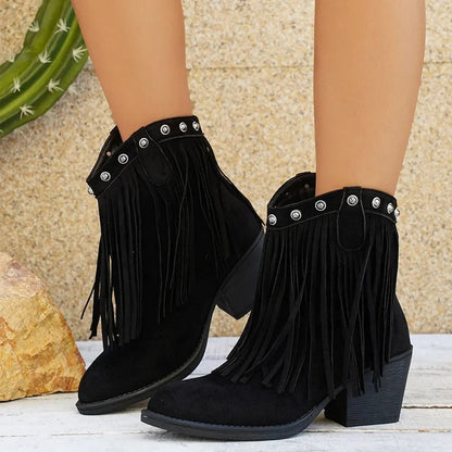 Delia | Wide Calf Suede Fringe Western Chelsea Boots