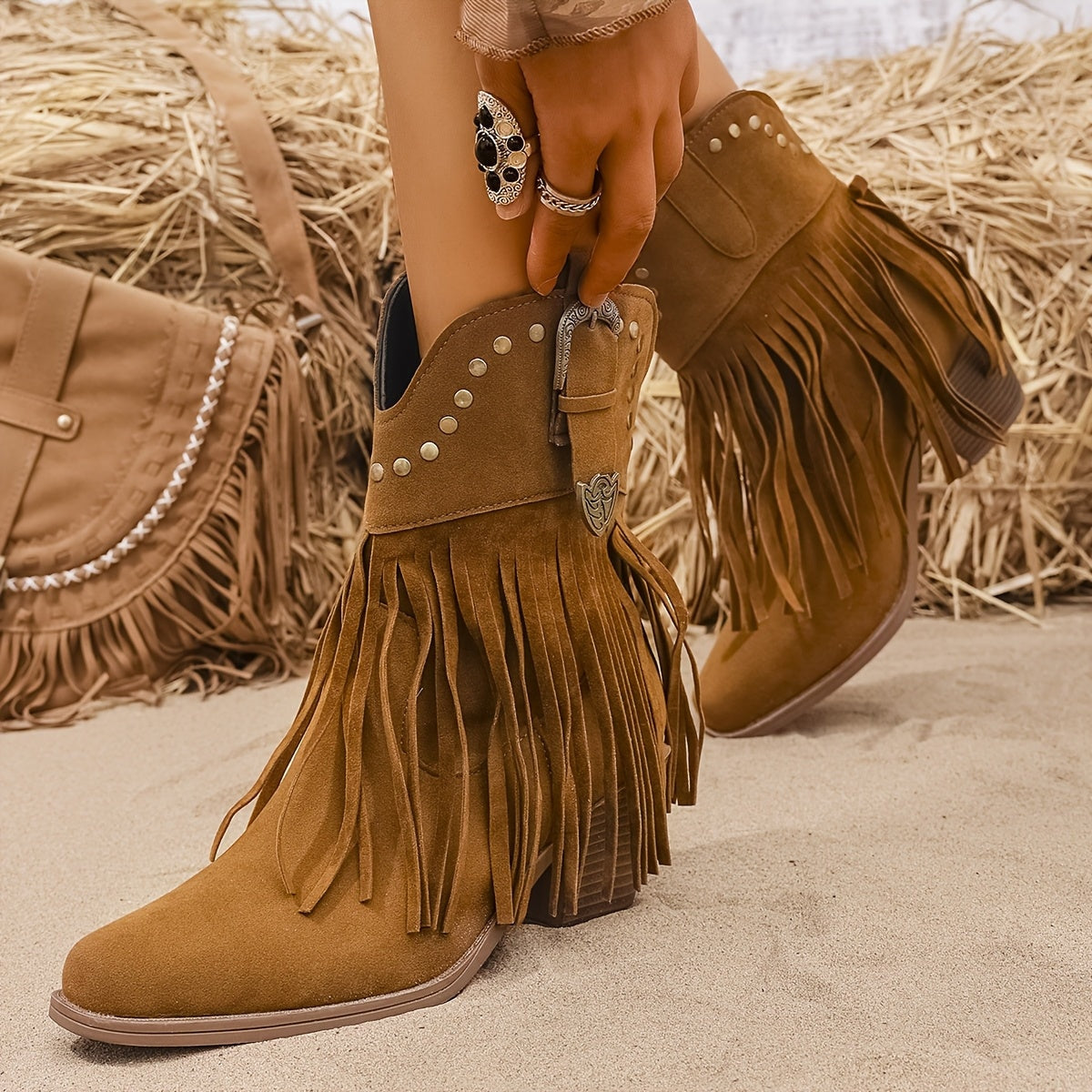 Riverside | Wide Calf Fringe Studded Western Ankle Boots