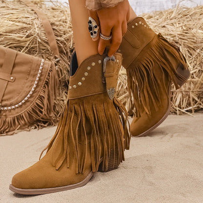 Riverside | Wide Calf Fringe Studded Western Ankle Boots