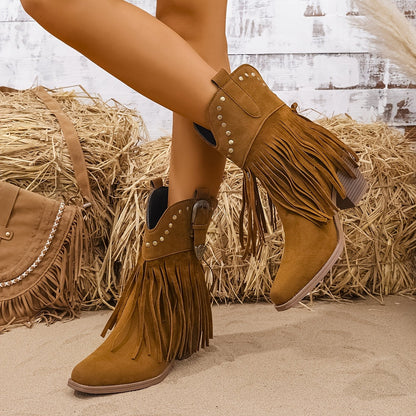 Riverside | Wide Calf Fringe Studded Western Ankle Boots