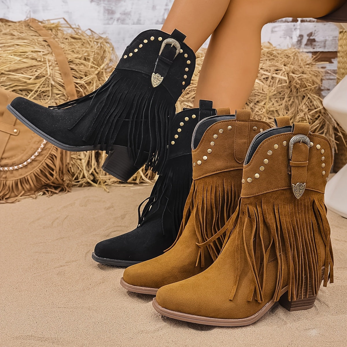 Riverside | Wide Calf Fringe Studded Western Ankle Boots