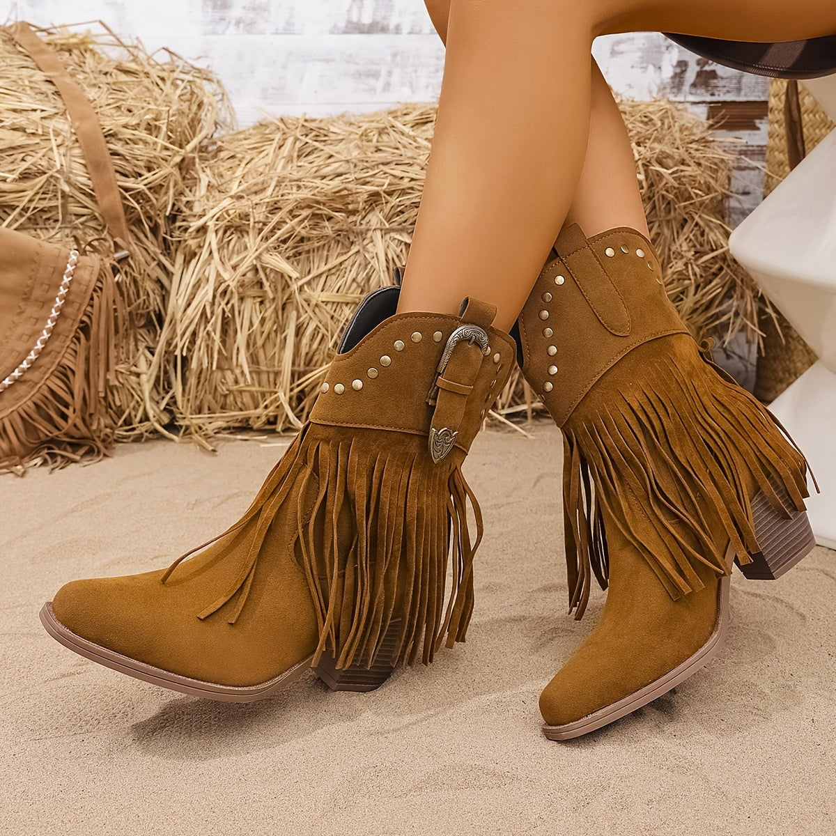 Riverside | Wide Calf Fringe Studded Western Ankle Boots