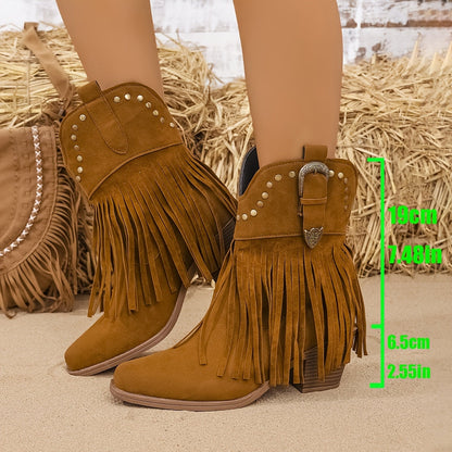 Riverside | Wide Calf Fringe Studded Western Ankle Boots