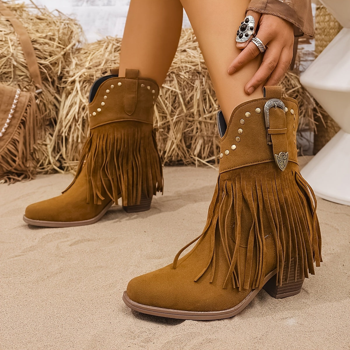 Riverside | Wide Calf Fringe Studded Western Ankle Boots