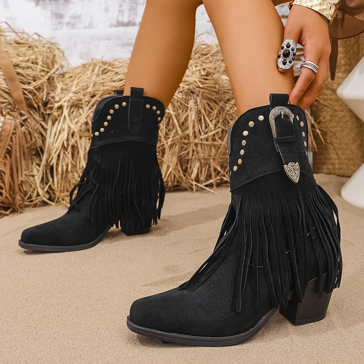 Riverside | Wide Calf Fringe Studded Western Ankle Boots