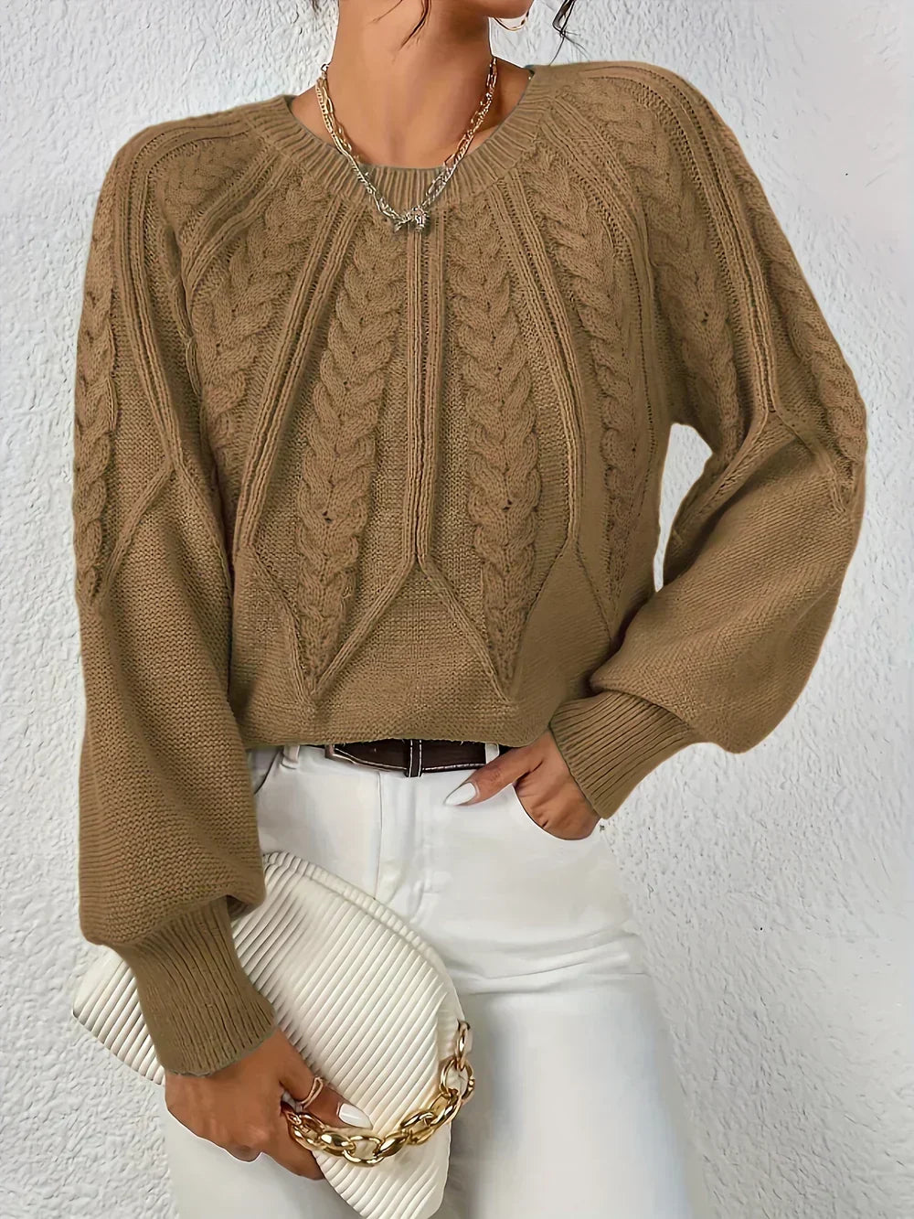 Kelsey | Crew Neck Balloon Sleeve Cable Knit Jumper