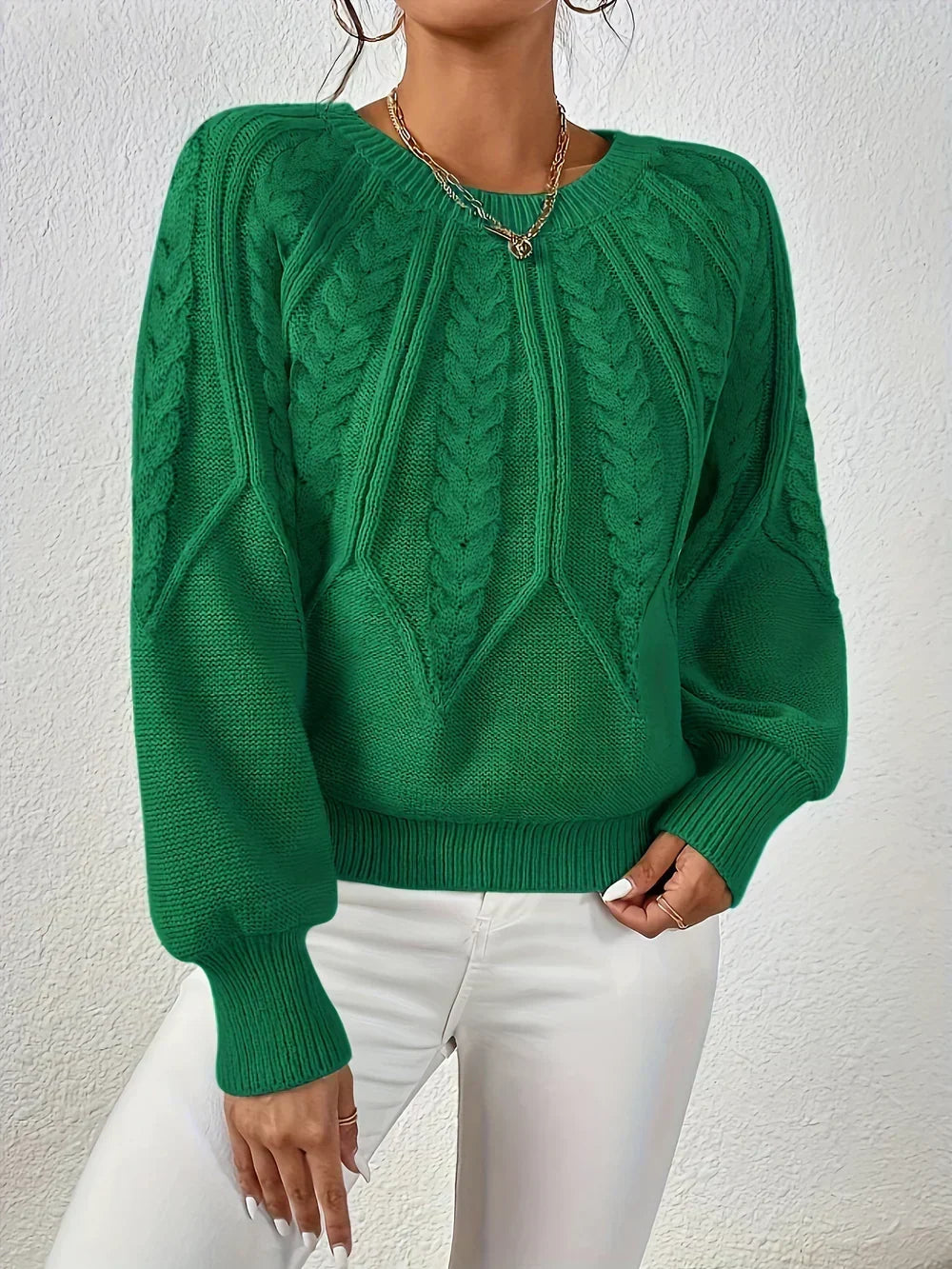 Kelsey | Crew Neck Balloon Sleeve Cable Knit Jumper