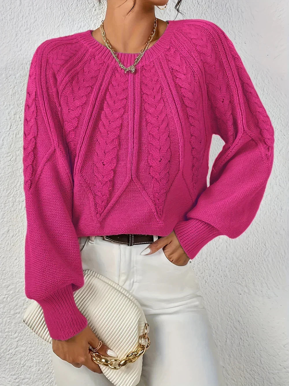 Kelsey | Crew Neck Balloon Sleeve Cable Knit Jumper