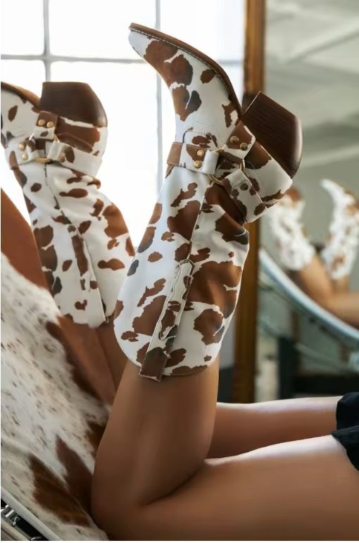 Rowena | Women's Cow-Print Cowboy Boots with Block Heel