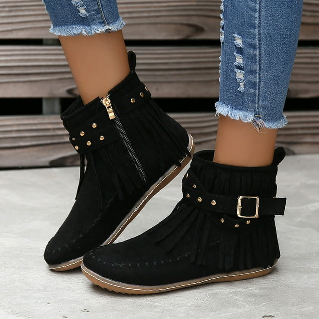 Rosie | Boho Faux Suede Fringe Flat Ankle Black Boots