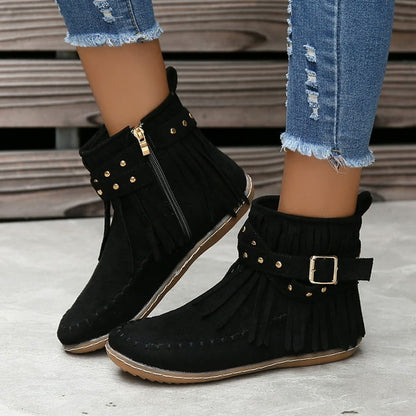 Rosie | Boho Faux Suede Fringe Flat Ankle Black Boots