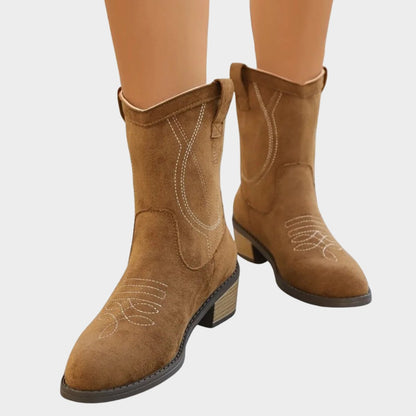 Poppy | Suede Embroidered Western Cowboy Ankle Boots