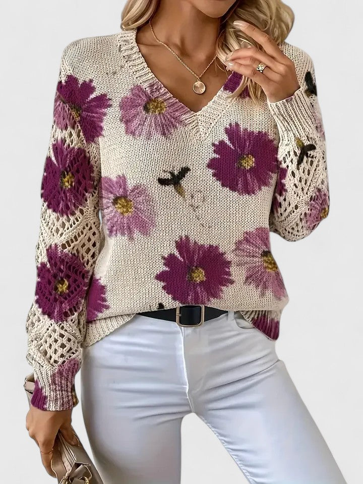 Liza | Floral Knit Lattice Sleeve Winter Cardigan