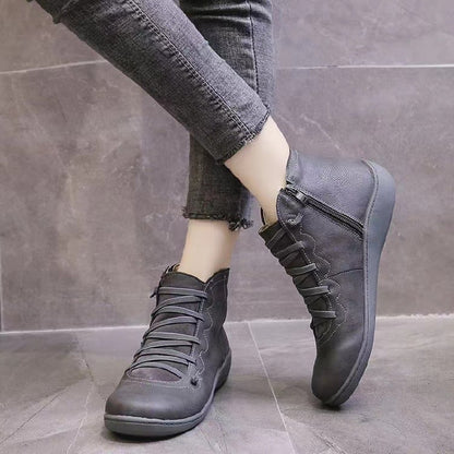 Linda | Leather Lace Up Flat Ankle Boots with Side Zip