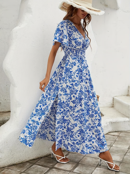 Delilah | Floral V-Neck Short Sleeve Maxi Dress