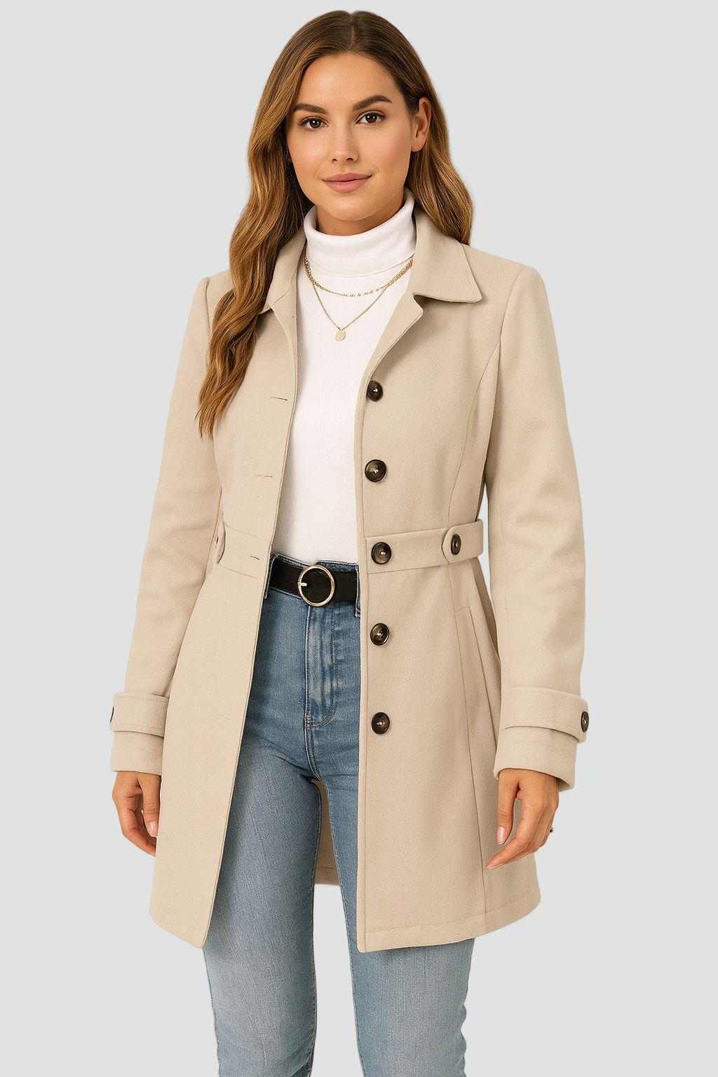 Lavinia | Tailored Button Front Trench Coat with Belt Tabs