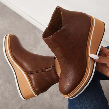 Kelly | Leather Wedge Platform Side Zip Ankle Boots