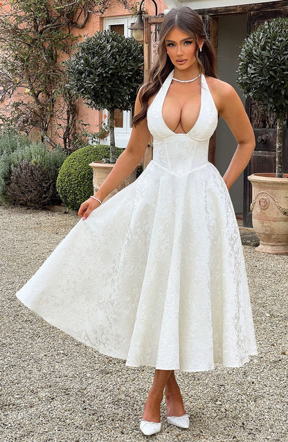 Delphine | Women's Halter Midi Wedding Guest Dress