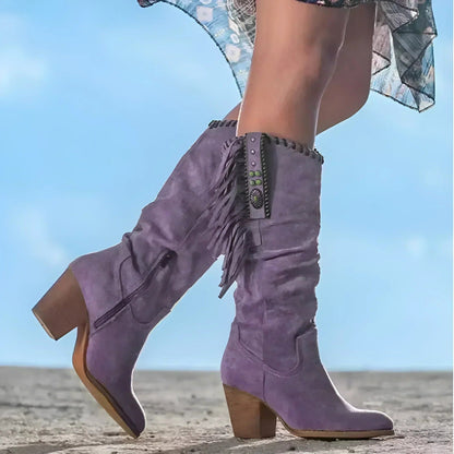 Sarah | Suede Fringe Western Cowboy Knee High Boots