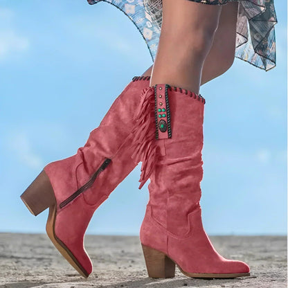 Sarah | Suede Fringe Western Cowboy Knee High Boots