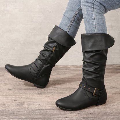 Erin | Faux Leather Slouch Buckle Flat Knee High Boots