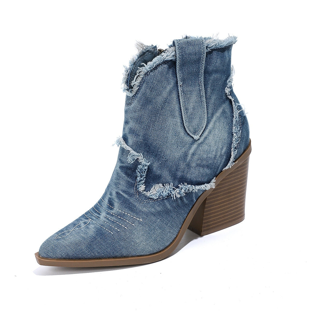 Hollis | Short Denim Western Boots with Pointed Toe and Block Heel