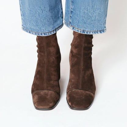 Rachel | Suede Square Toe Block Heel Ankle Boots