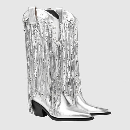 Luna | Mid-Calf Metallic Cowboy Boots with Fringe
