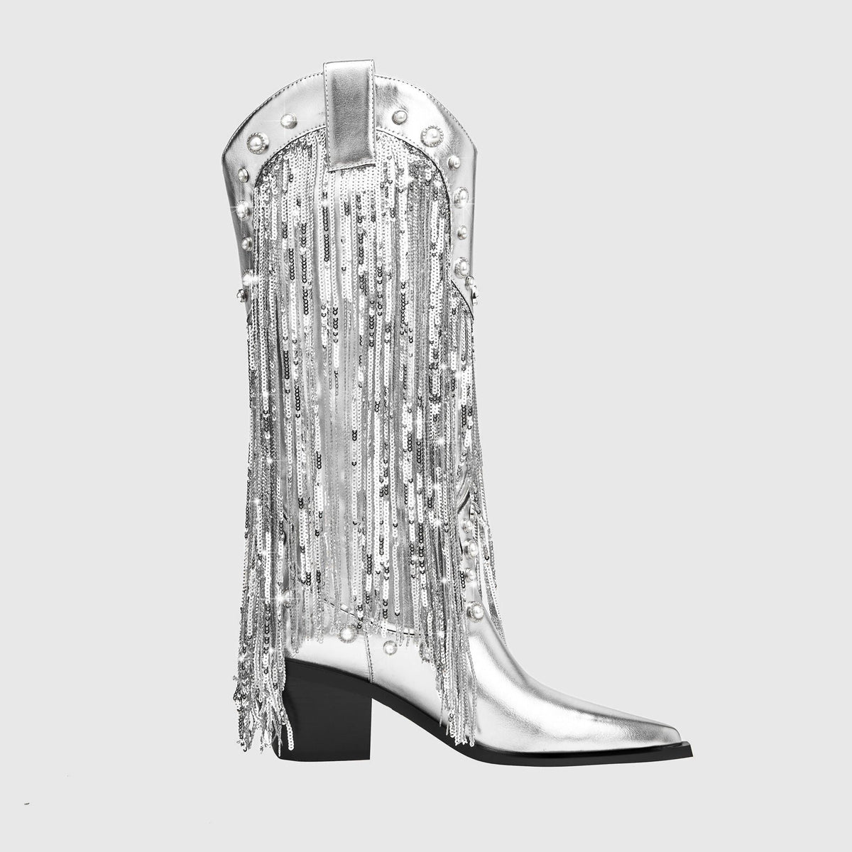 Luna | Mid-Calf Metallic Cowboy Boots with Fringe
