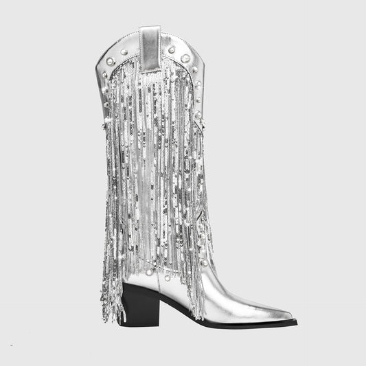 Luna | Mid-Calf Metallic Cowboy Boots with Fringe