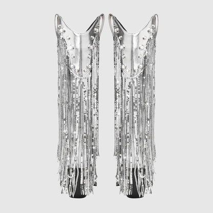 Luna | Mid-Calf Metallic Cowboy Boots with Fringe