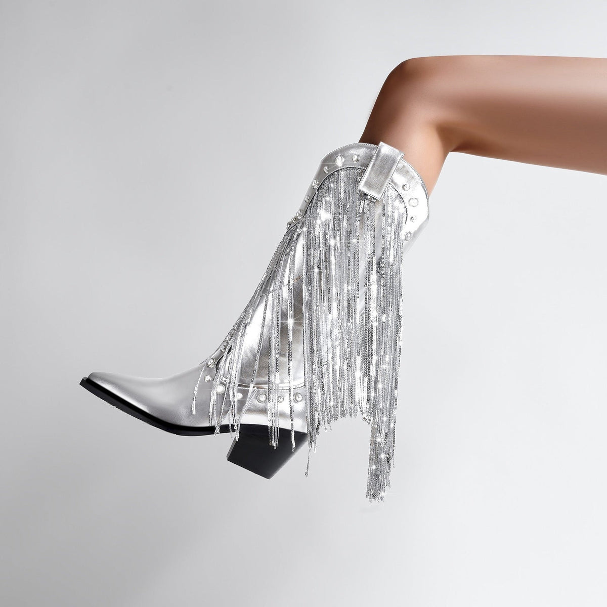 Luna | Mid-Calf Metallic Cowboy Boots with Fringe