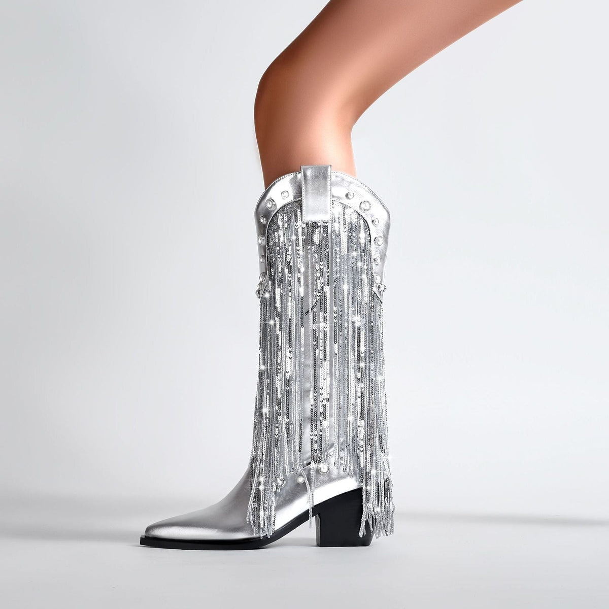 Luna | Mid-Calf Metallic Cowboy Boots with Fringe