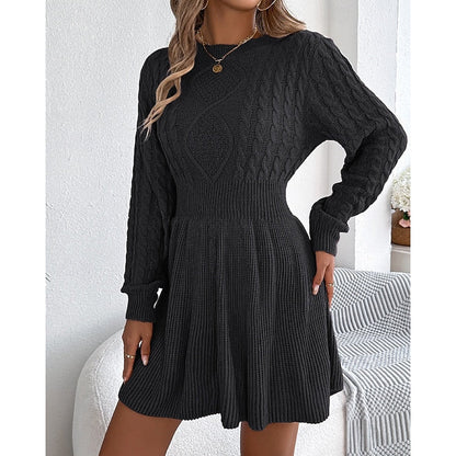 Evadne | Cable Knit Jumper Dress with Fitted Waist and Flared Skirt