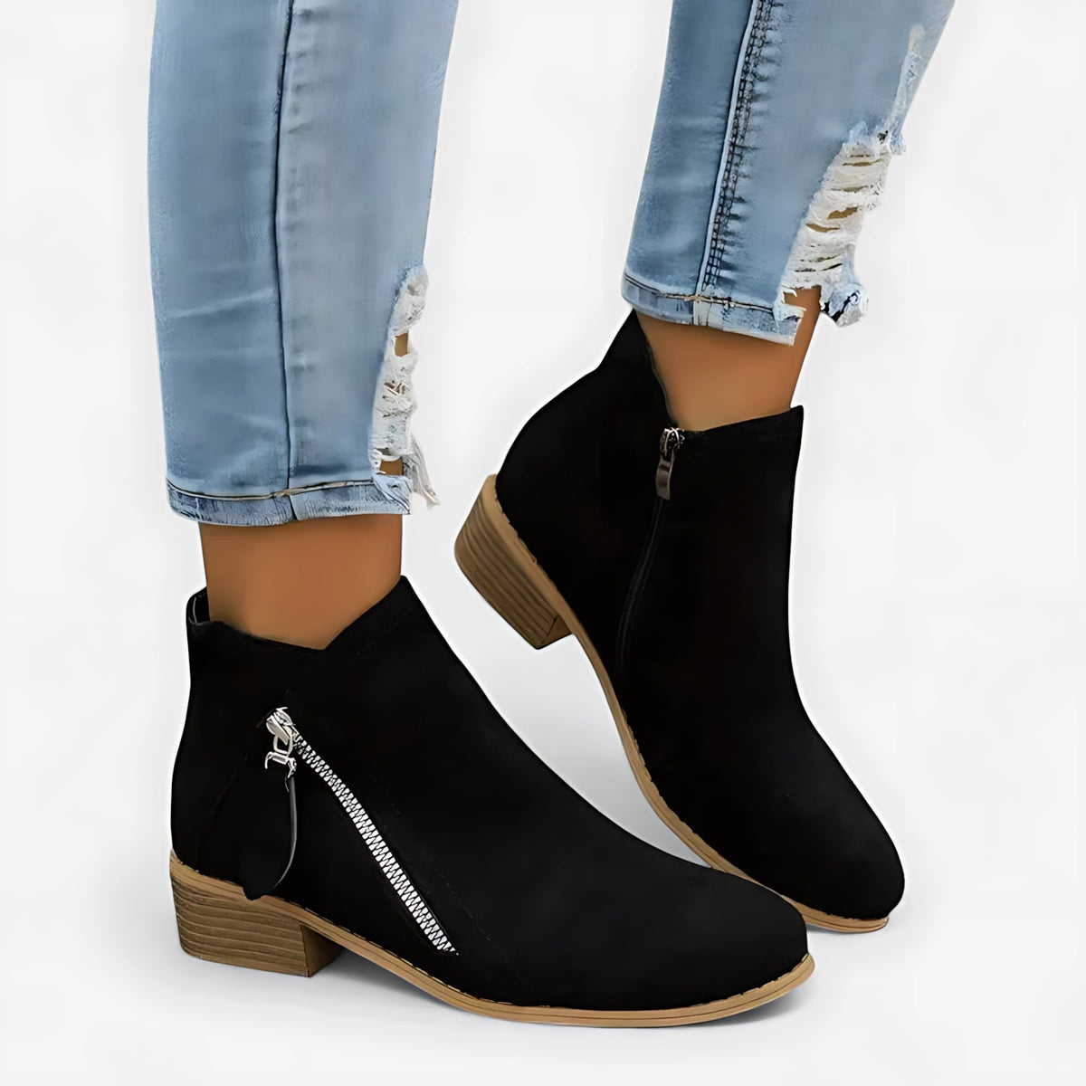 Lina | Suede Round Toe Block Heel Side Zip Ankle Boots