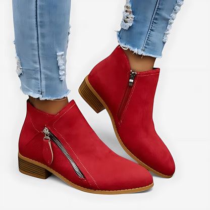 Lina | Suede Round Toe Block Heel Side Zip Ankle Boots