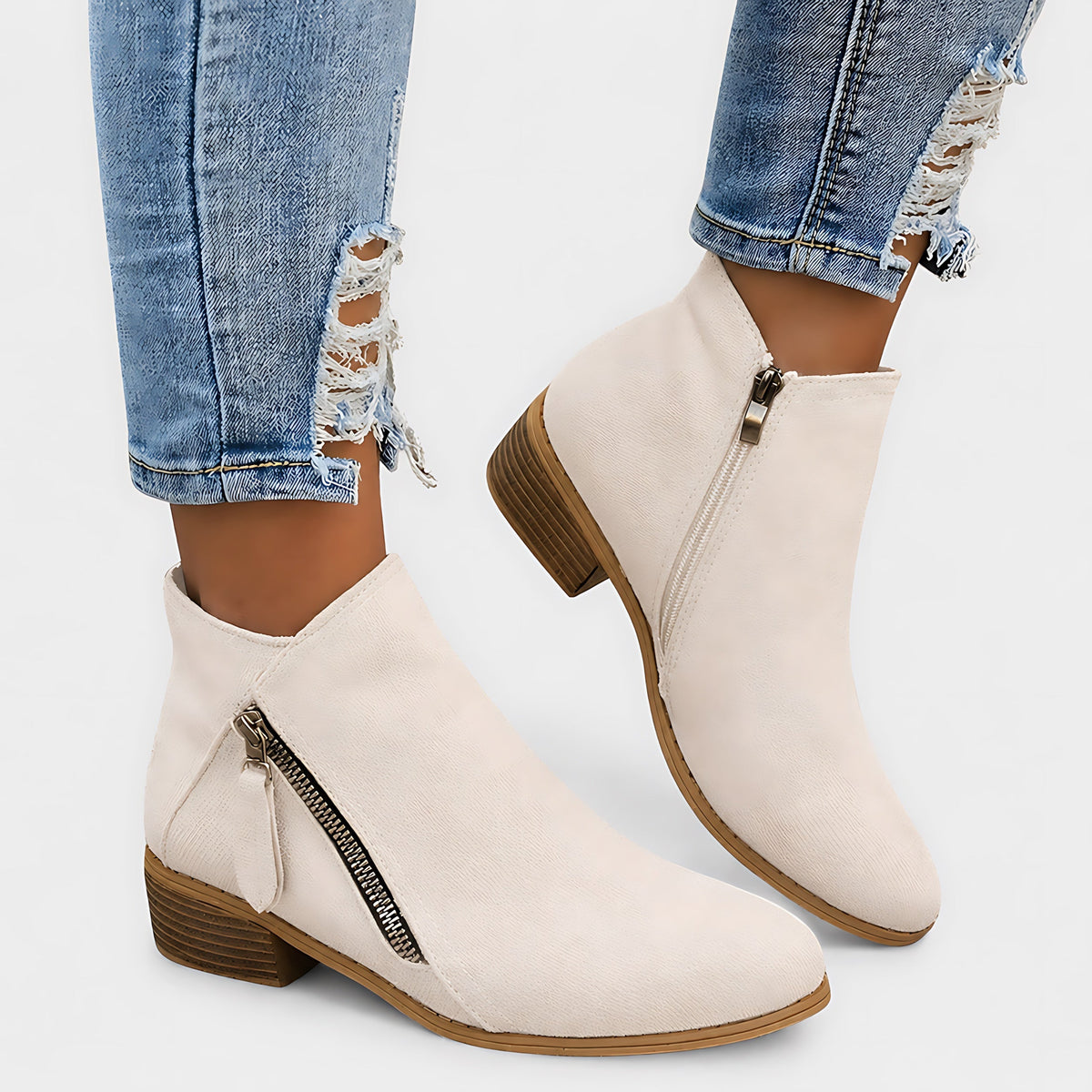 Lina | Suede Round Toe Block Heel Side Zip Ankle Boots